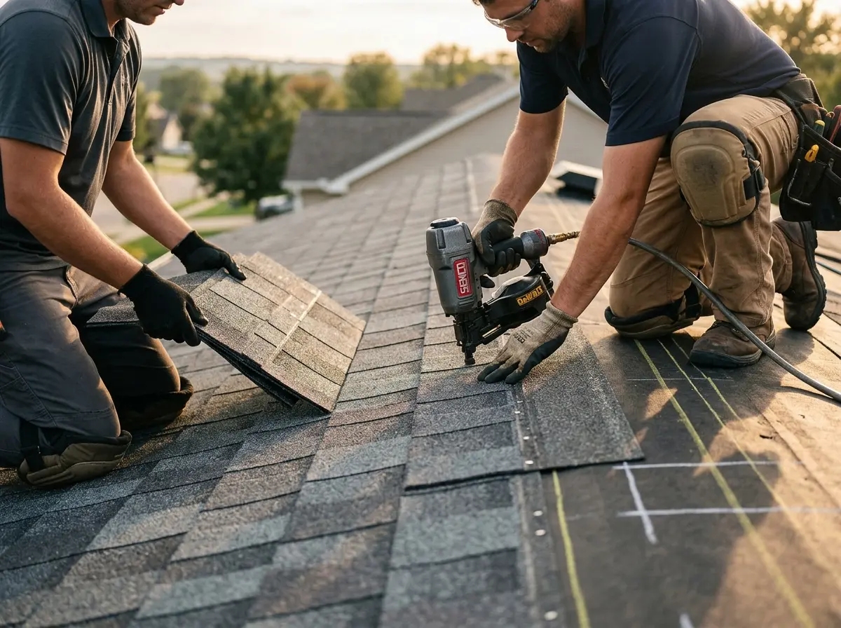 Professional roofer working on a residential roof in West Falls Church